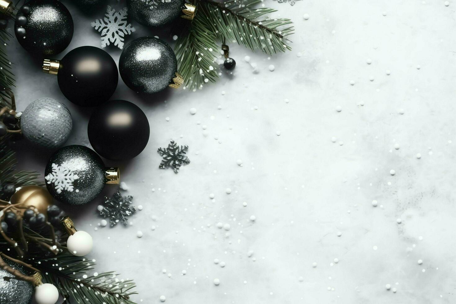 Christmas composition with gift boxes, card balls fir branches pine cones with copy space. Christmas by AI Generated photo