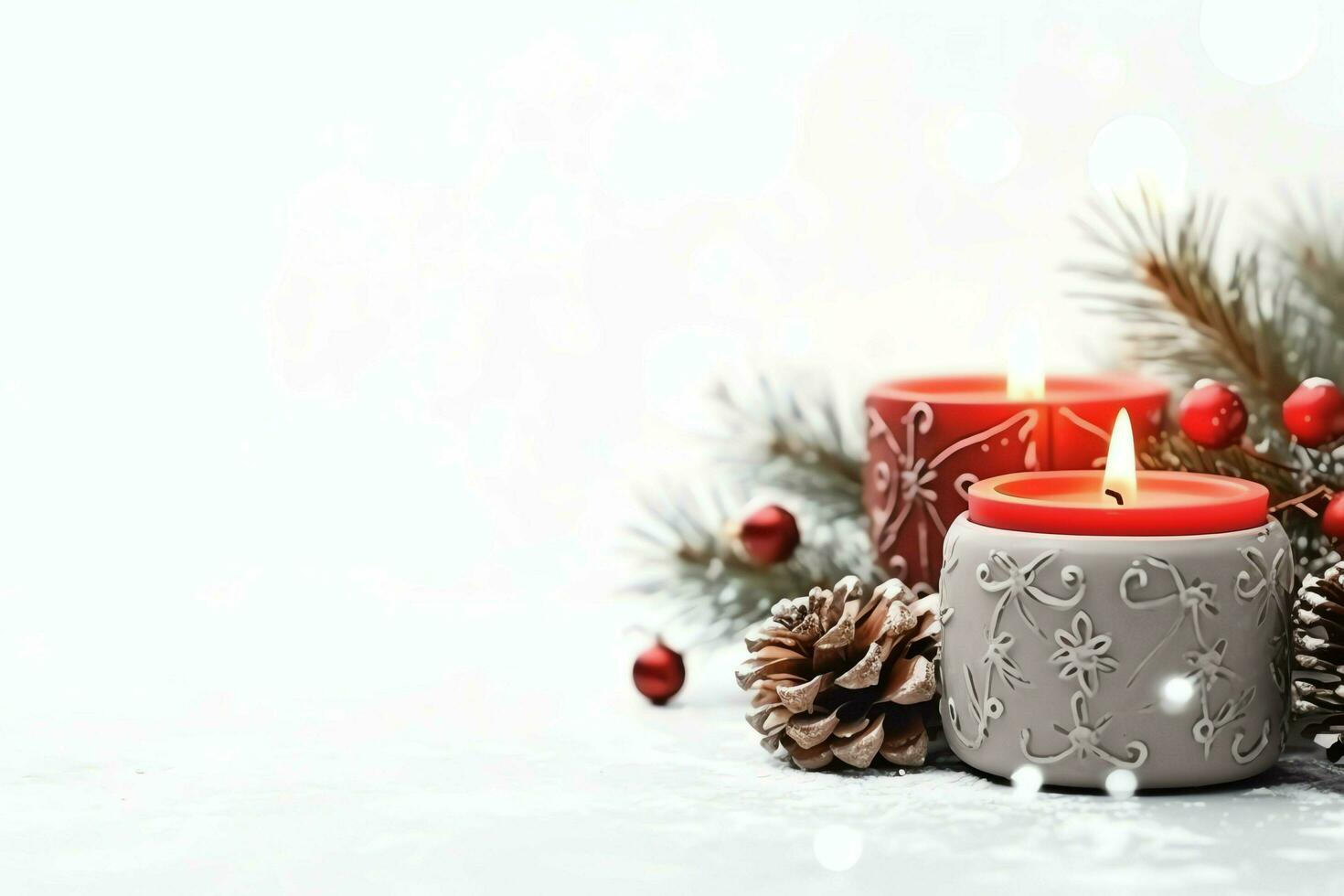 Christmas composition with gift boxes, card balls fir branches pine cones with copy space. Christmas by AI Generated photo