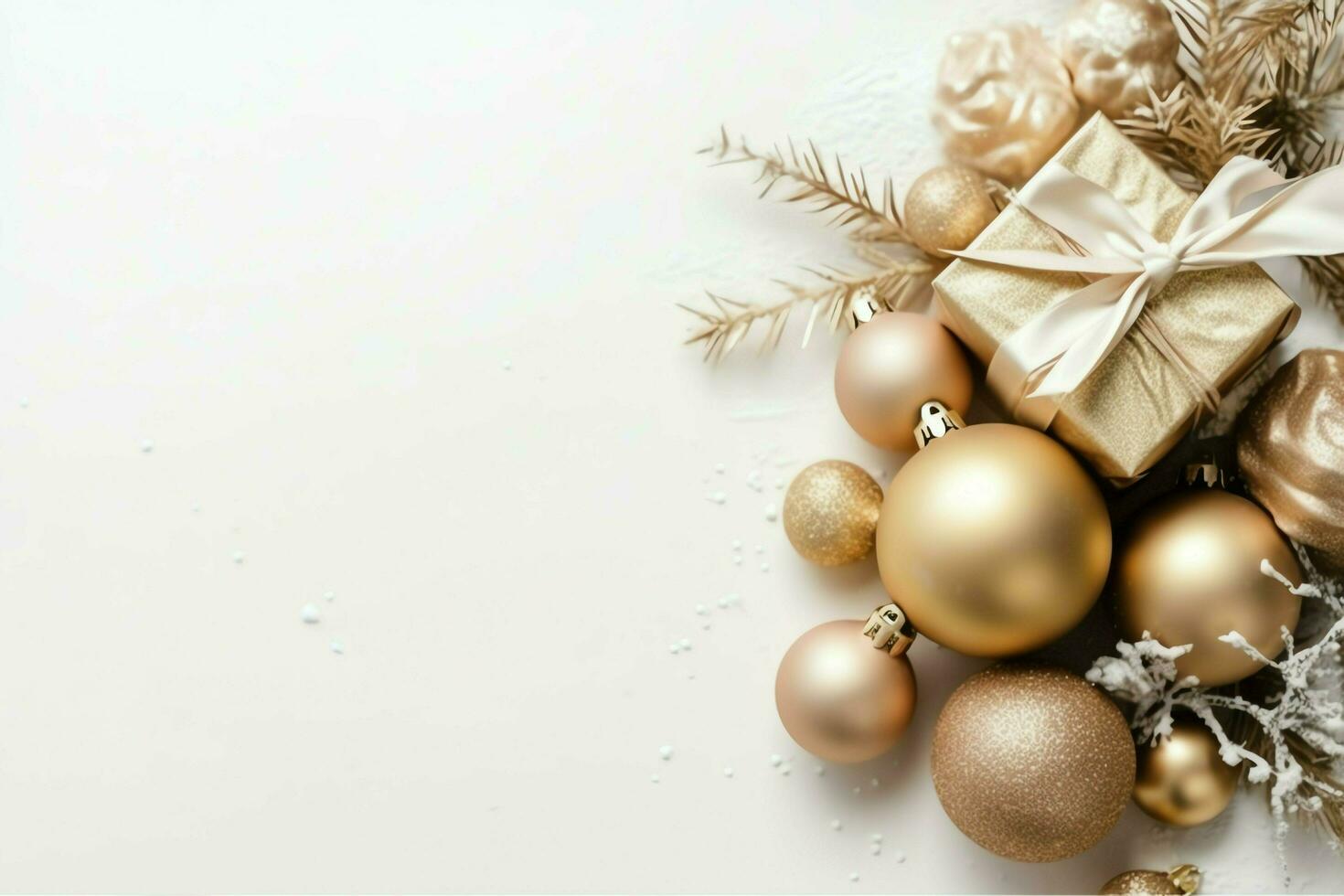 Christmas composition with gift boxes, card balls fir branches pine cones with copy space. Christmas by AI Generated photo