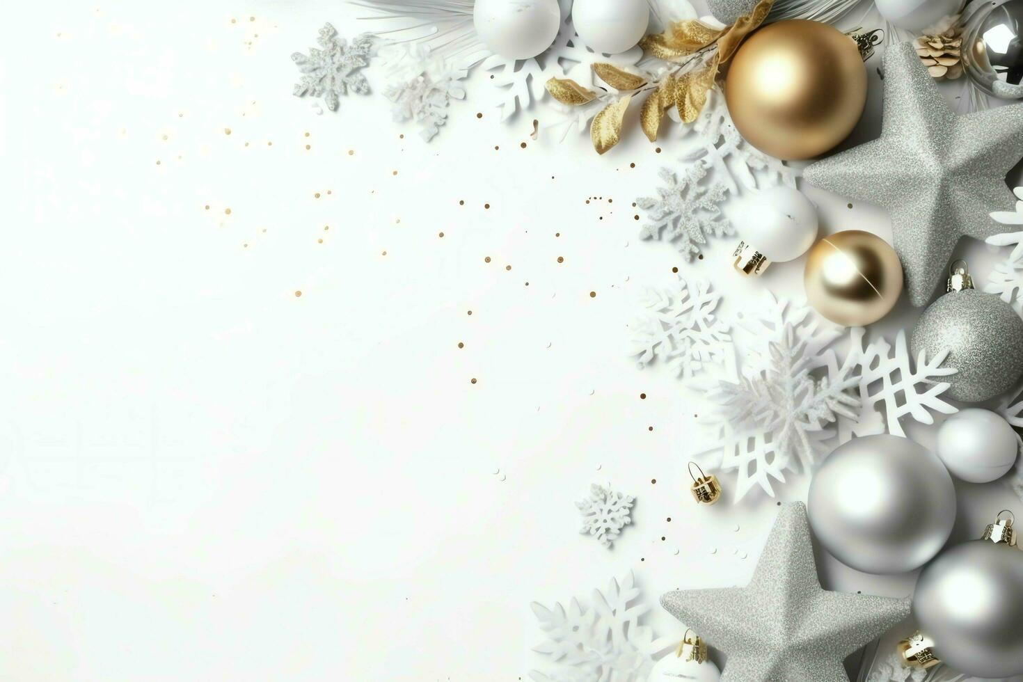 Christmas composition with gift boxes, card balls fir branches pine cones with copy space. Christmas by AI Generated photo