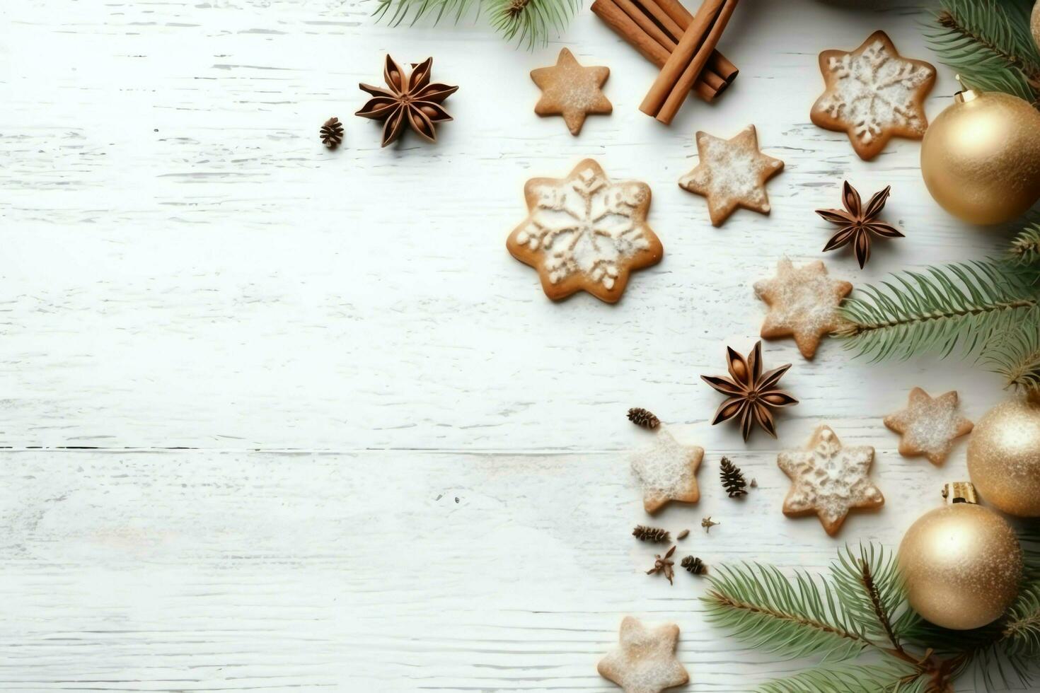 Christmas composition with gift boxes, card balls fir branches pine cones with copy space. Christmas by AI Generated photo