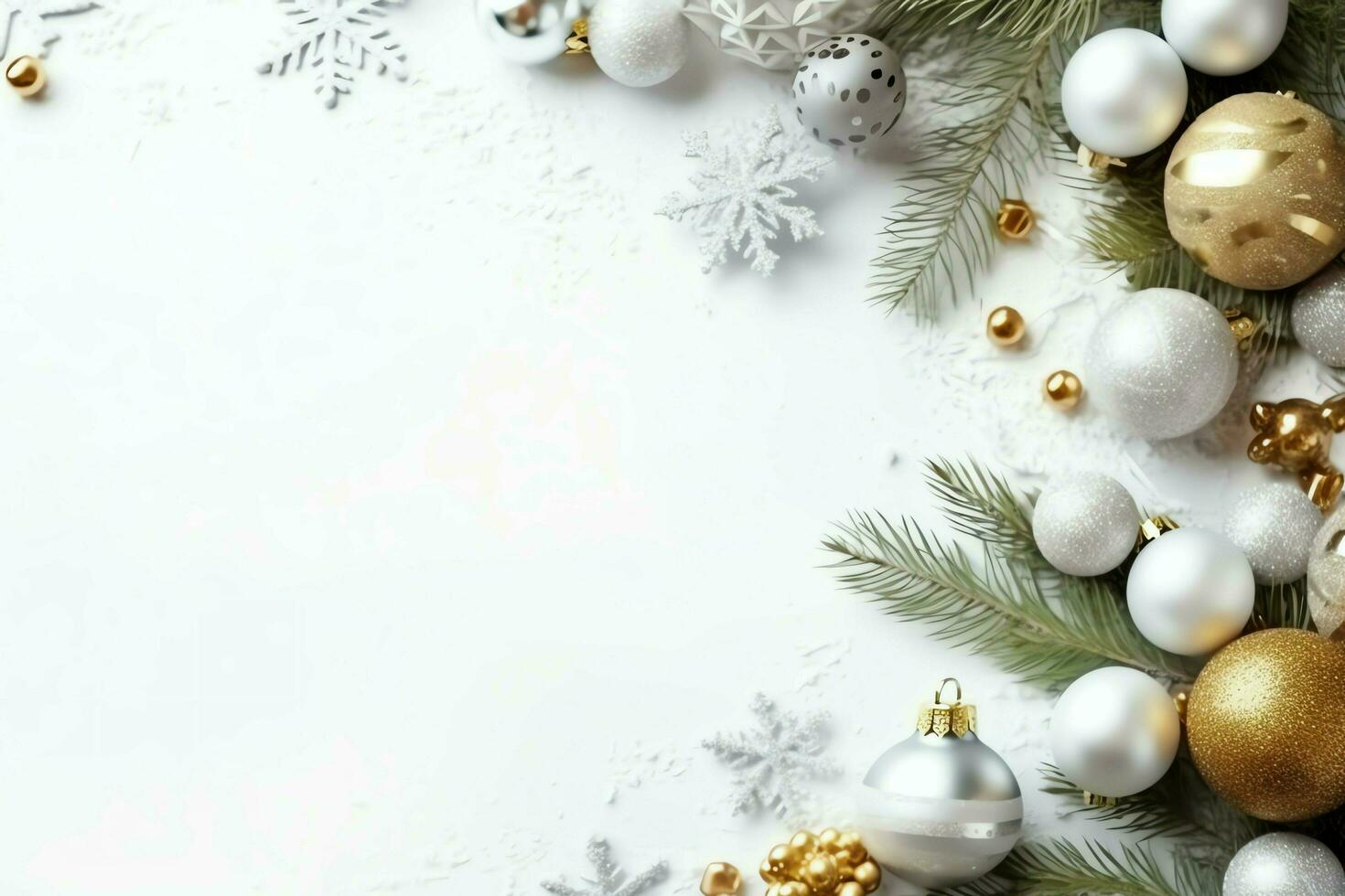 Christmas composition with gift boxes, card balls fir branches pine cones with copy space. Christmas by AI Generated photo