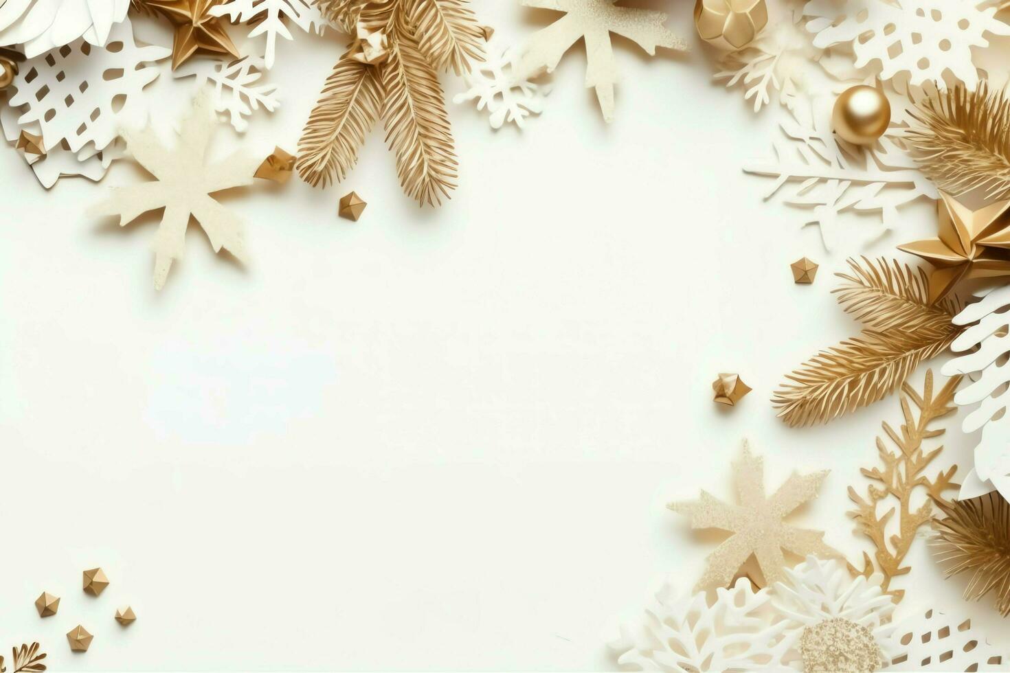 Christmas composition with gift boxes, card balls fir branches pine cones with copy space. Christmas by AI Generated photo
