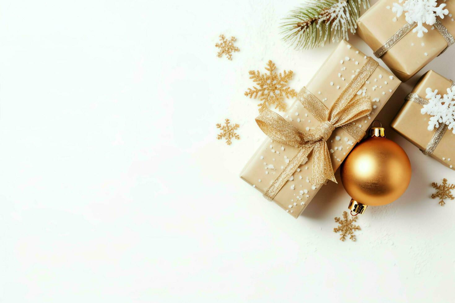 Christmas composition with gift boxes, card balls fir branches pine cones with copy space. Christmas by AI Generated photo