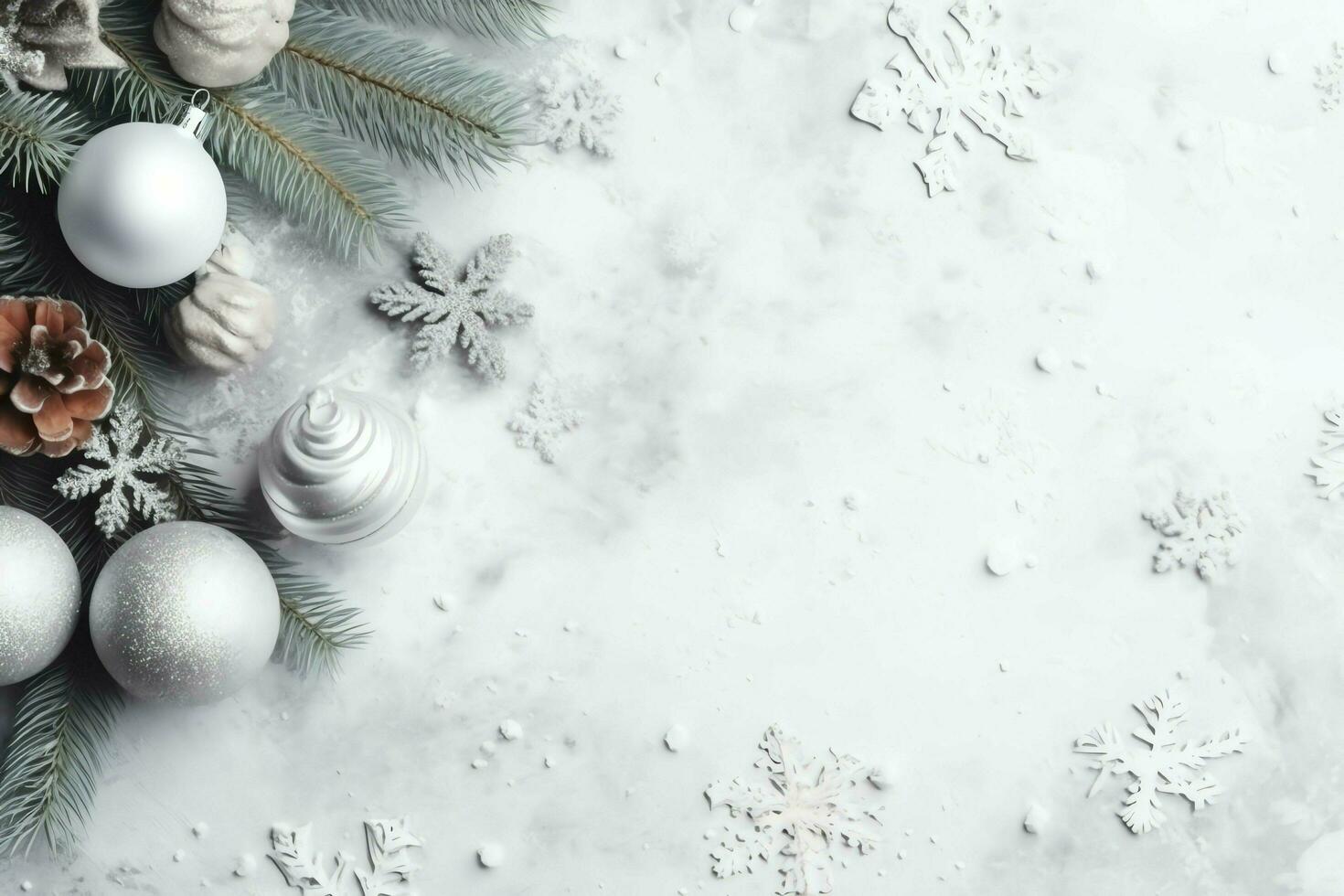 Christmas composition with gift boxes, card balls fir branches pine cones with copy space. Christmas by AI Generated photo