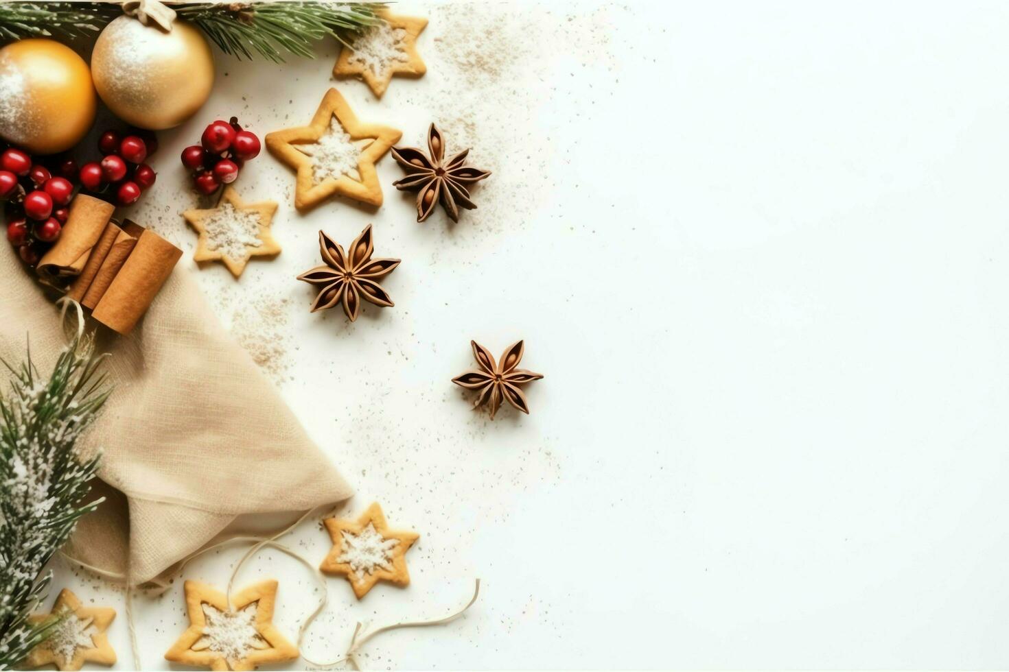 Christmas composition with gift boxes, card balls fir branches pine cones with copy space. Christmas by AI Generated photo