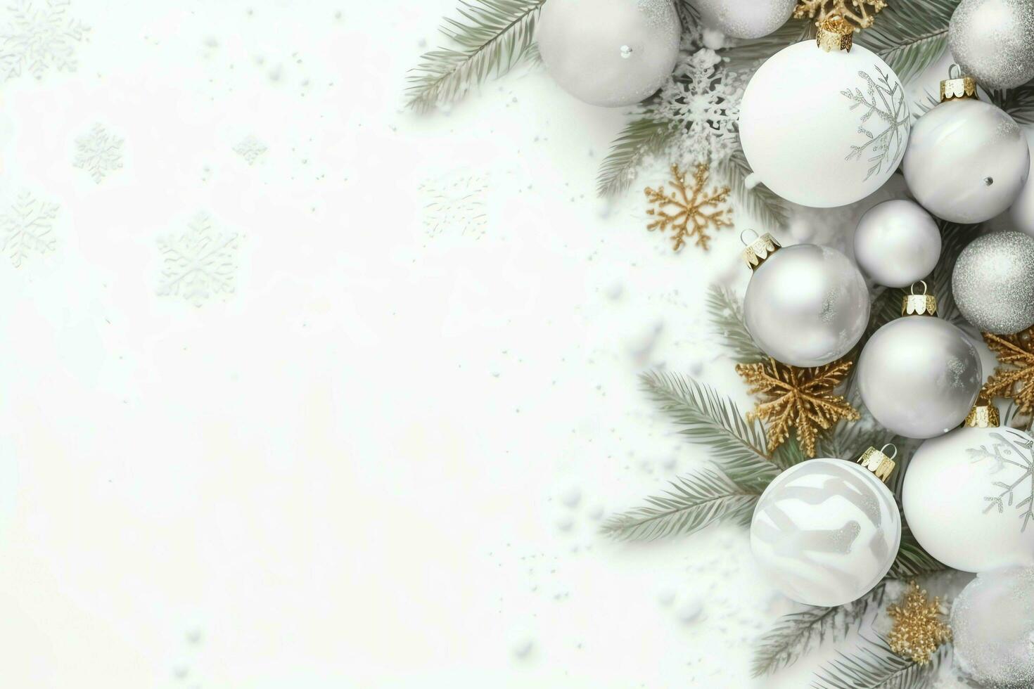 Christmas composition with gift boxes, card balls fir branches pine cones with copy space. Christmas by AI Generated photo