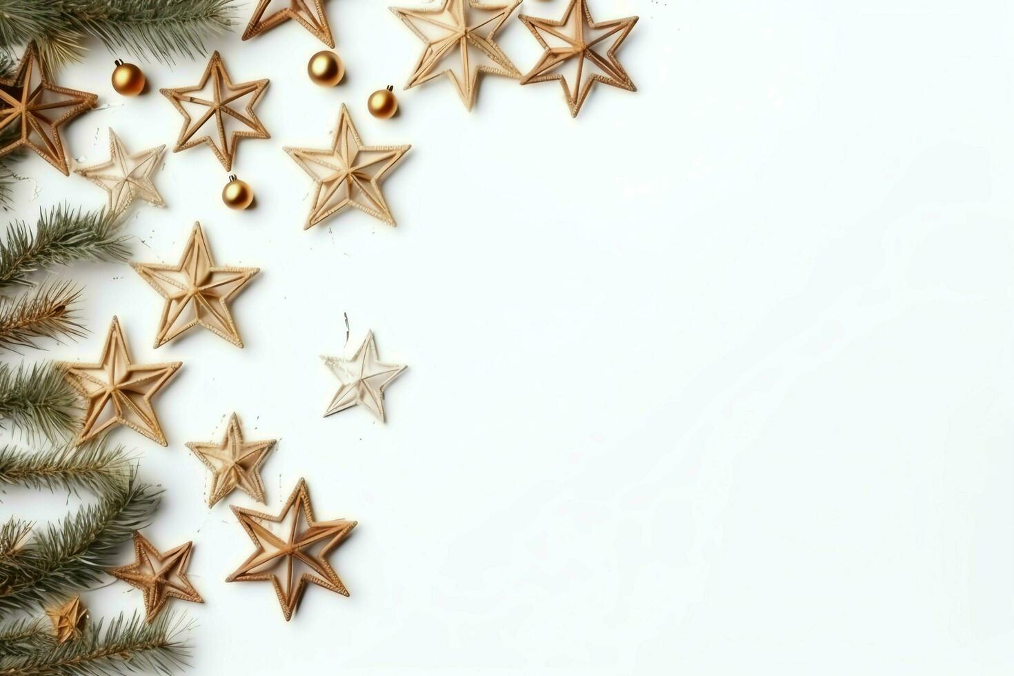 Christmas composition with gift boxes, card balls fir branches pine cones with copy space. Christmas by AI Generated photo