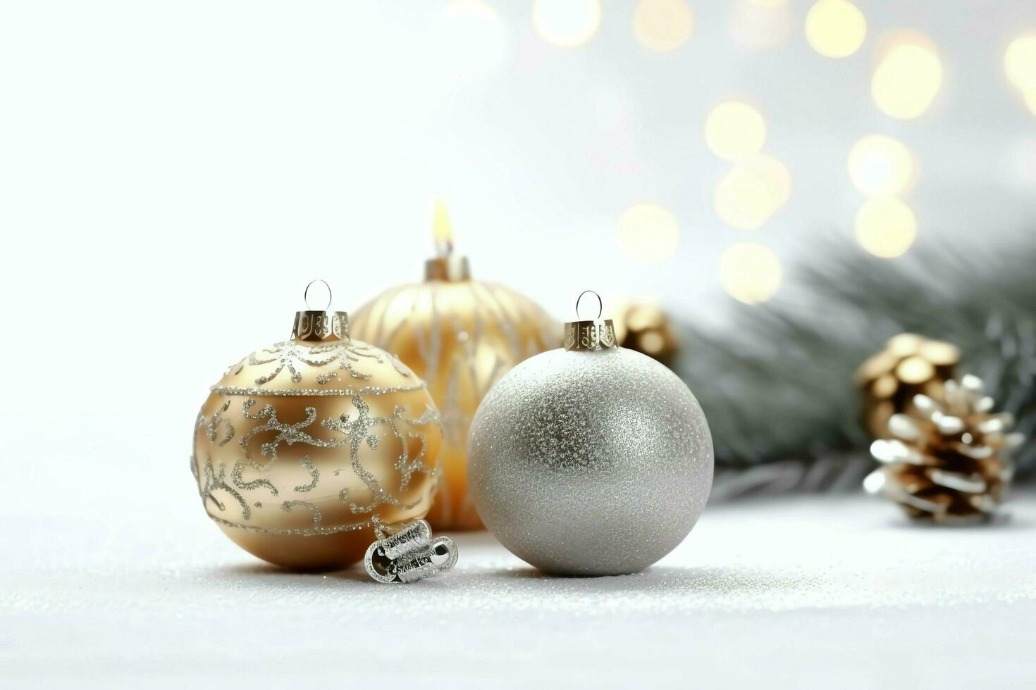 Christmas composition with gift boxes, card balls fir branches pine cones with copy space. Christmas by AI Generated photo