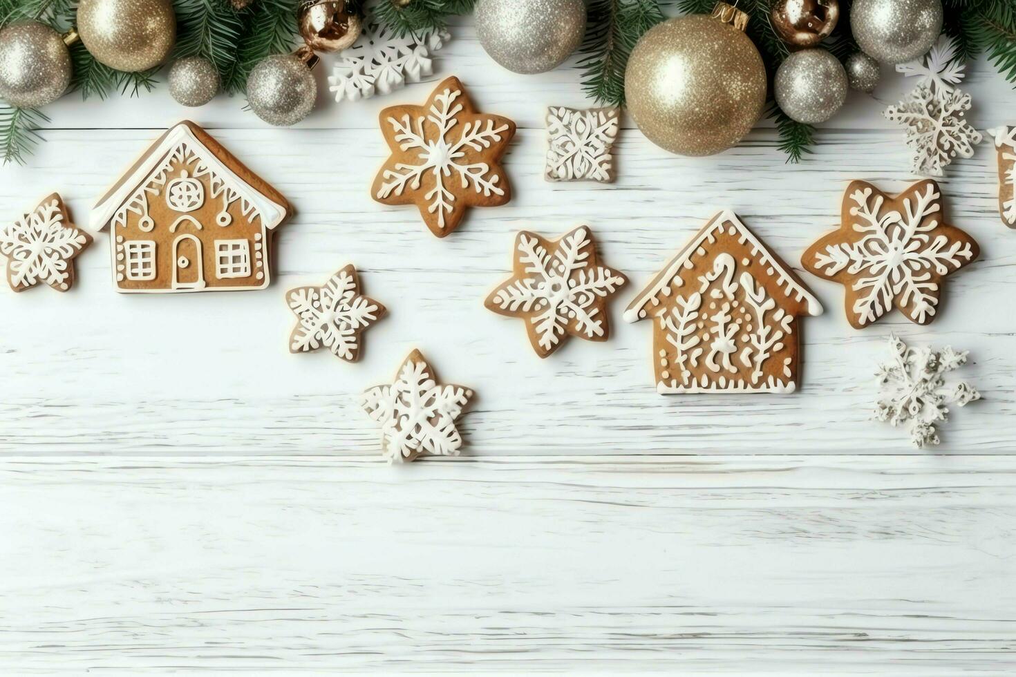 Christmas composition with gift boxes, card balls fir branches pine cones with copy space. Christmas by AI Generated photo