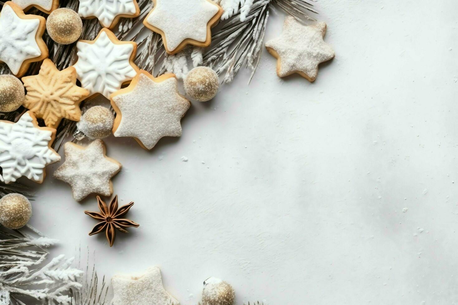 Christmas composition with gift boxes, card balls fir branches pine cones with copy space. Christmas by AI Generated photo
