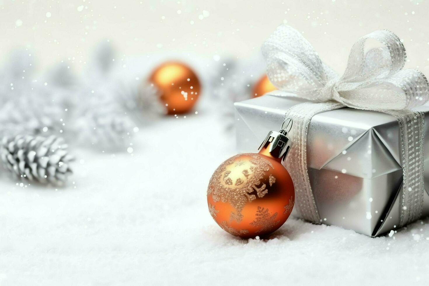 Christmas composition with gift boxes, card balls fir branches pine cones with copy space. Christmas by AI Generated photo