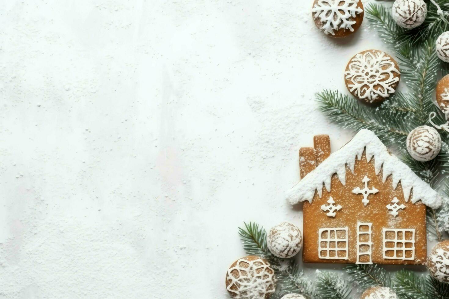 Christmas composition with gift boxes, card balls fir branches pine cones with copy space. Christmas by AI Generated photo