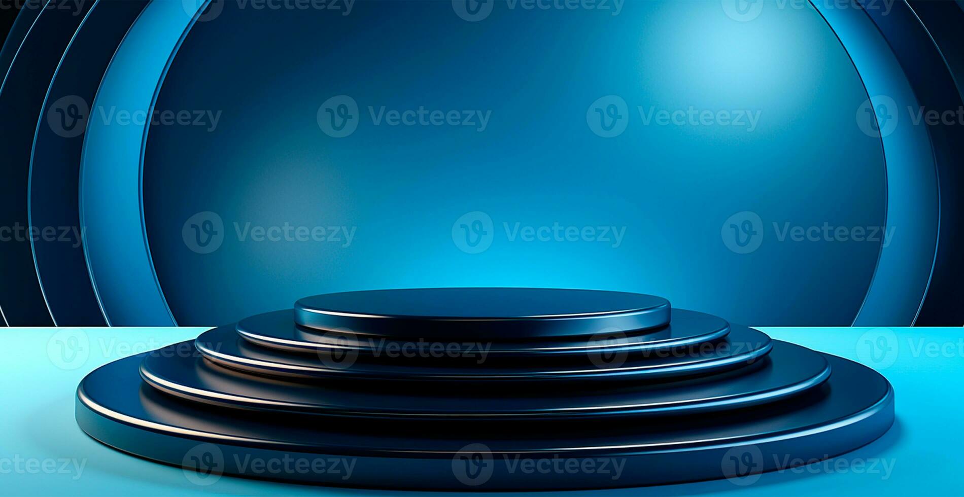 AI generated Empty podium pedestal, blue background stand for product, goods. Shelf with product advertising - AI generated image photo