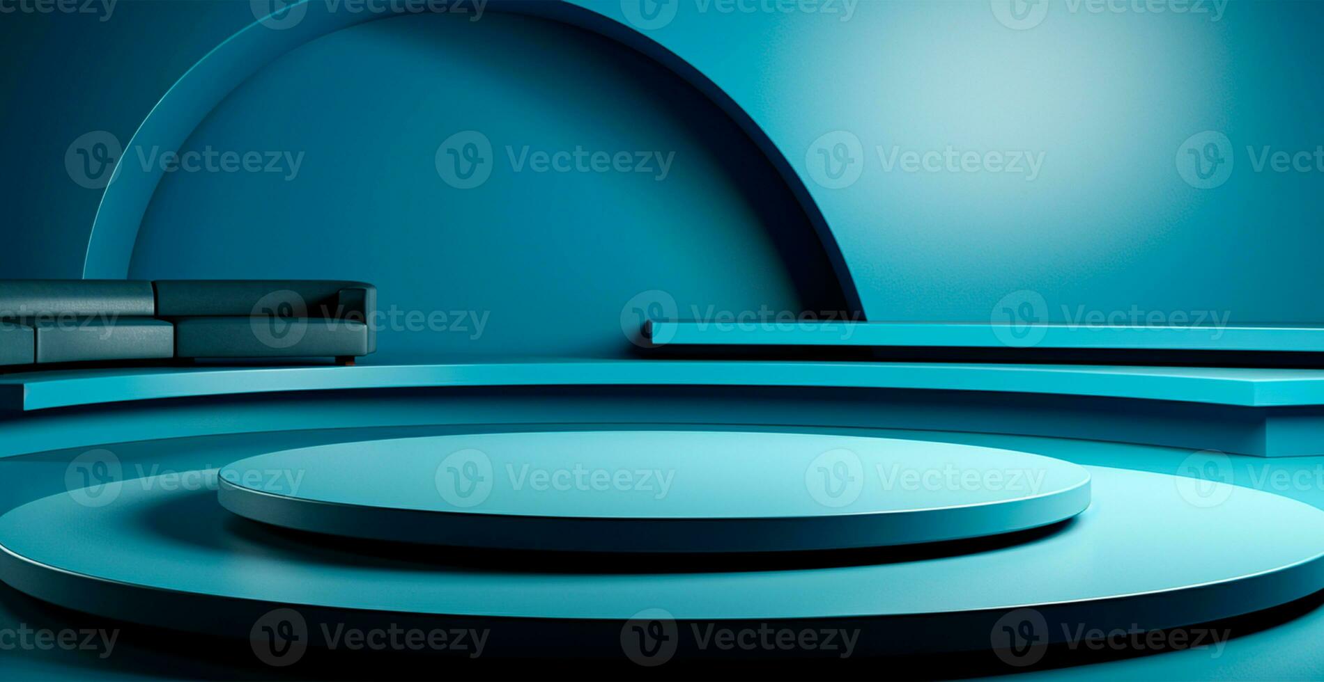 AI generated Empty podium pedestal, blue background stand for product, goods. Shelf with product advertising - AI generated image photo
