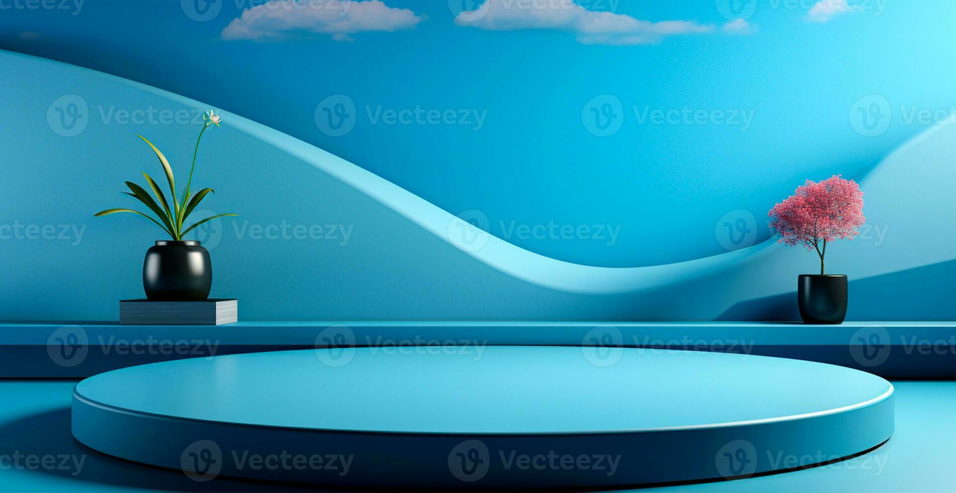 AI generated Empty podium pedestal, blue background stand for product, goods. Shelf with product advertising - AI generated image photo