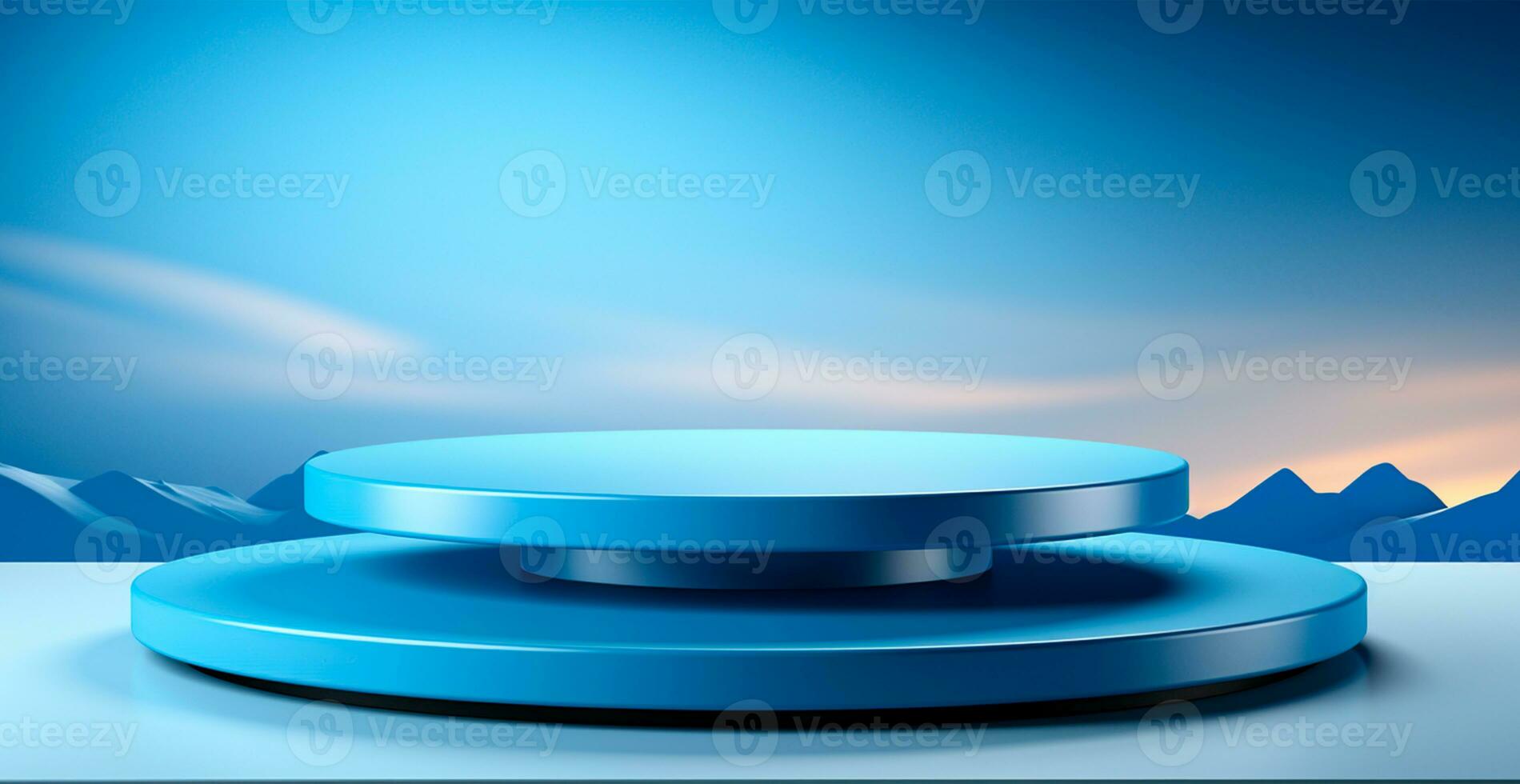 AI generated Empty podium pedestal, blue background stand for product, goods. Shelf with product advertising - AI generated image photo
