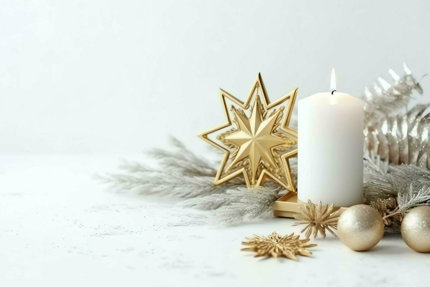 Christmas composition with gift boxes, card balls fir branches pine cones with copy space. Christmas by AI Generated photo