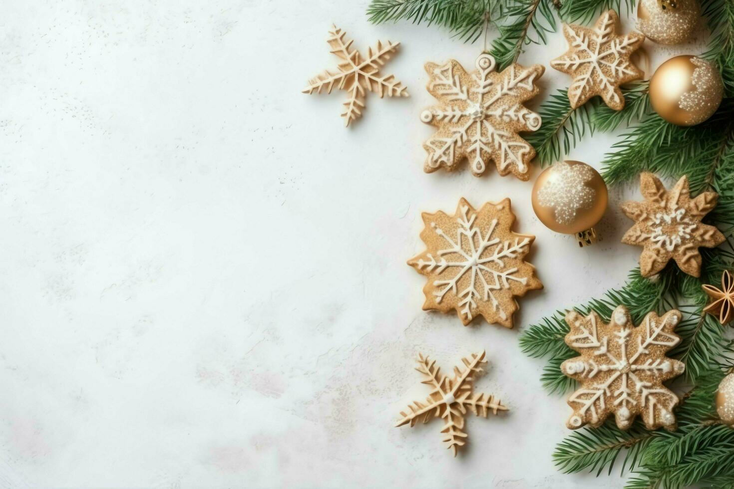 Christmas composition with gift boxes, card balls fir branches pine cones with copy space. Christmas by AI Generated photo