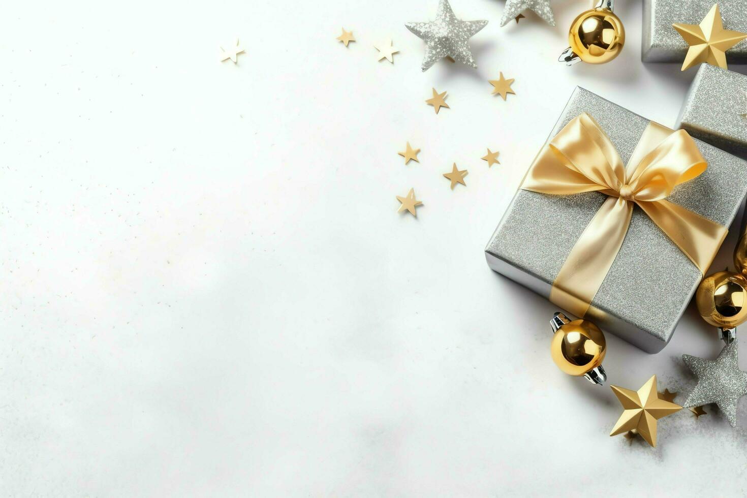 Christmas composition with gift boxes, card balls fir branches pine cones with copy space. Christmas by AI Generated photo