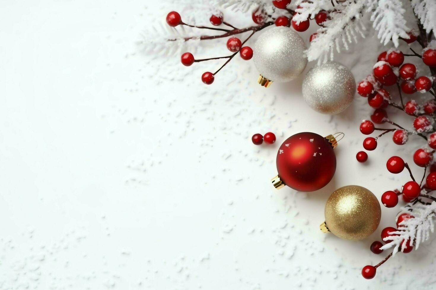 Christmas composition with gift boxes, card balls fir branches pine cones with copy space. Christmas by AI Generated photo