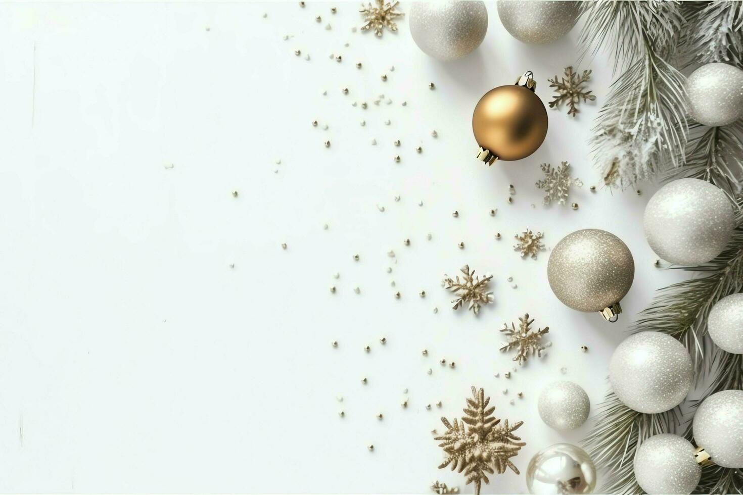 Christmas composition with gift boxes, card balls fir branches pine cones with copy space. Christmas by AI Generated photo