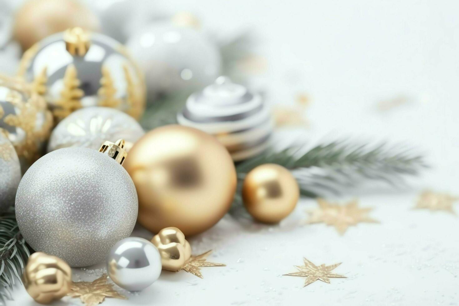 Christmas composition with gift boxes, card balls fir branches pine cones with copy space. Christmas by AI Generated photo