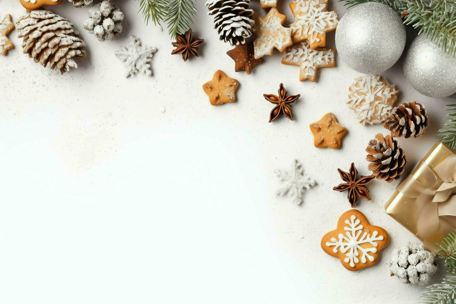 Christmas composition with gift boxes, card balls fir branches pine cones with copy space. Christmas by AI Generated photo