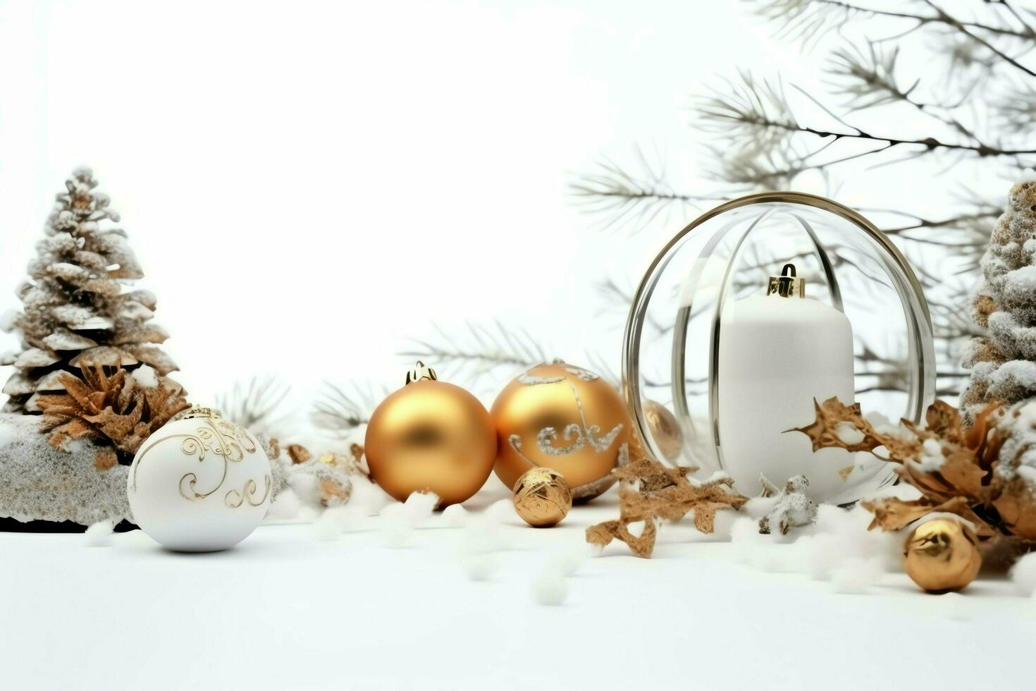 Christmas composition with gift boxes, card balls fir branches pine cones with copy space. Christmas by AI Generated photo