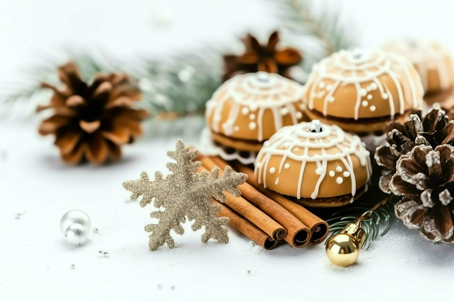 Christmas composition with gift boxes, card balls fir branches pine cones with copy space. Christmas by AI Generated photo