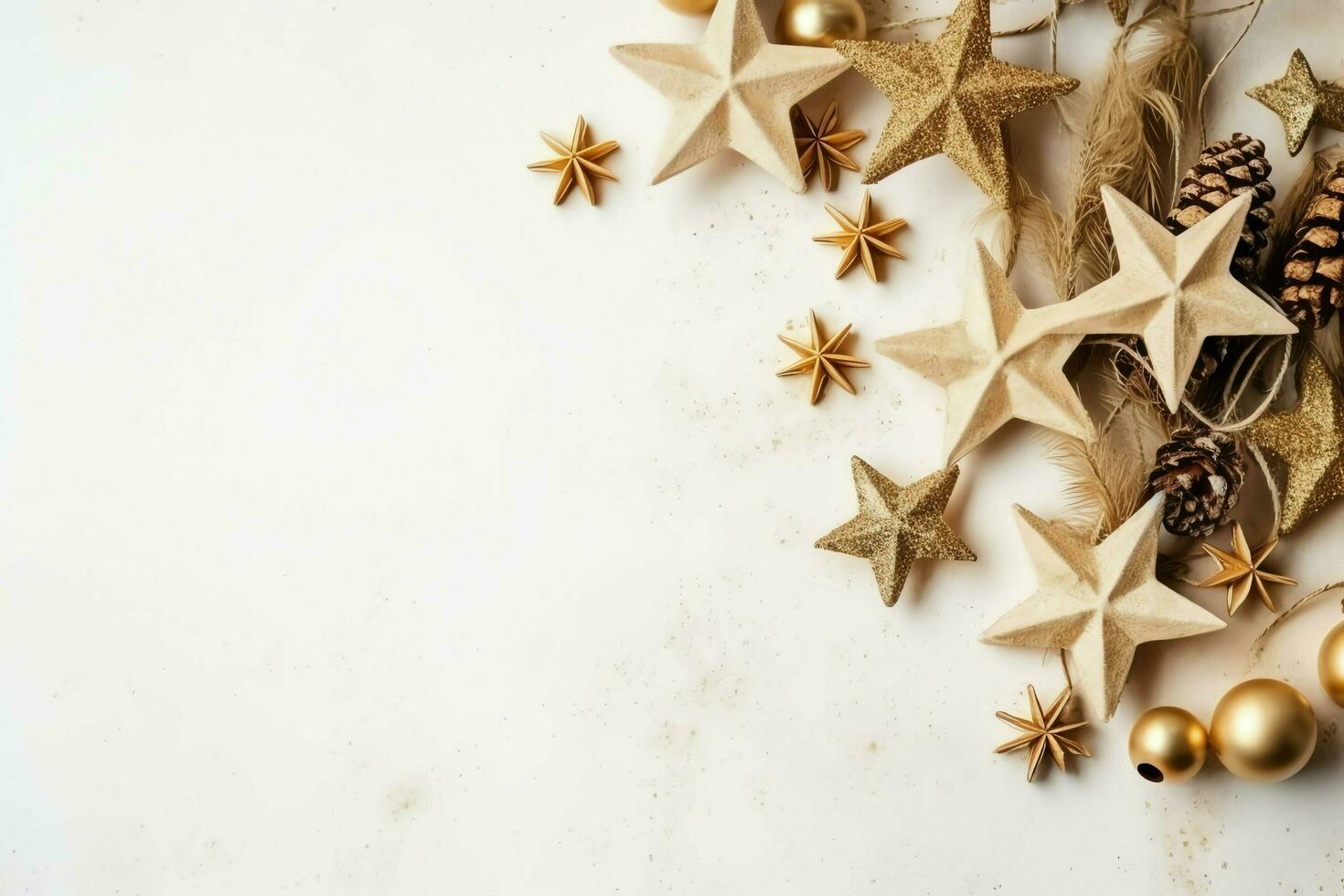 Christmas composition with gift boxes, card balls fir branches pine cones with copy space. Christmas by AI Generated photo