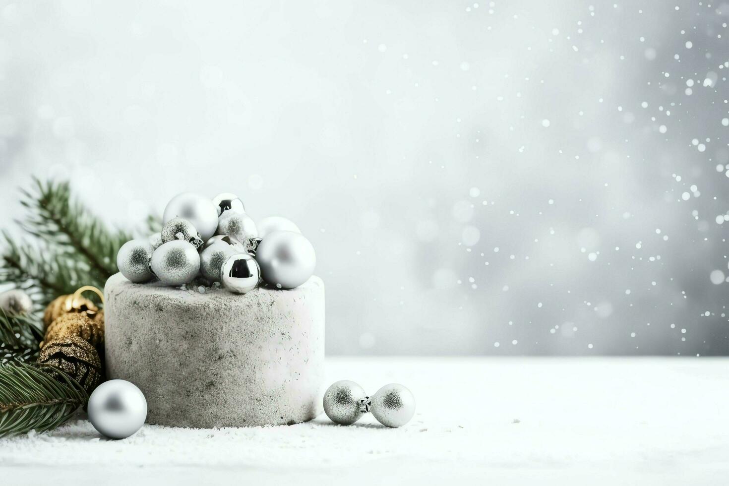 Christmas composition with gift boxes, card balls fir branches pine cones with copy space. Christmas by AI Generated photo