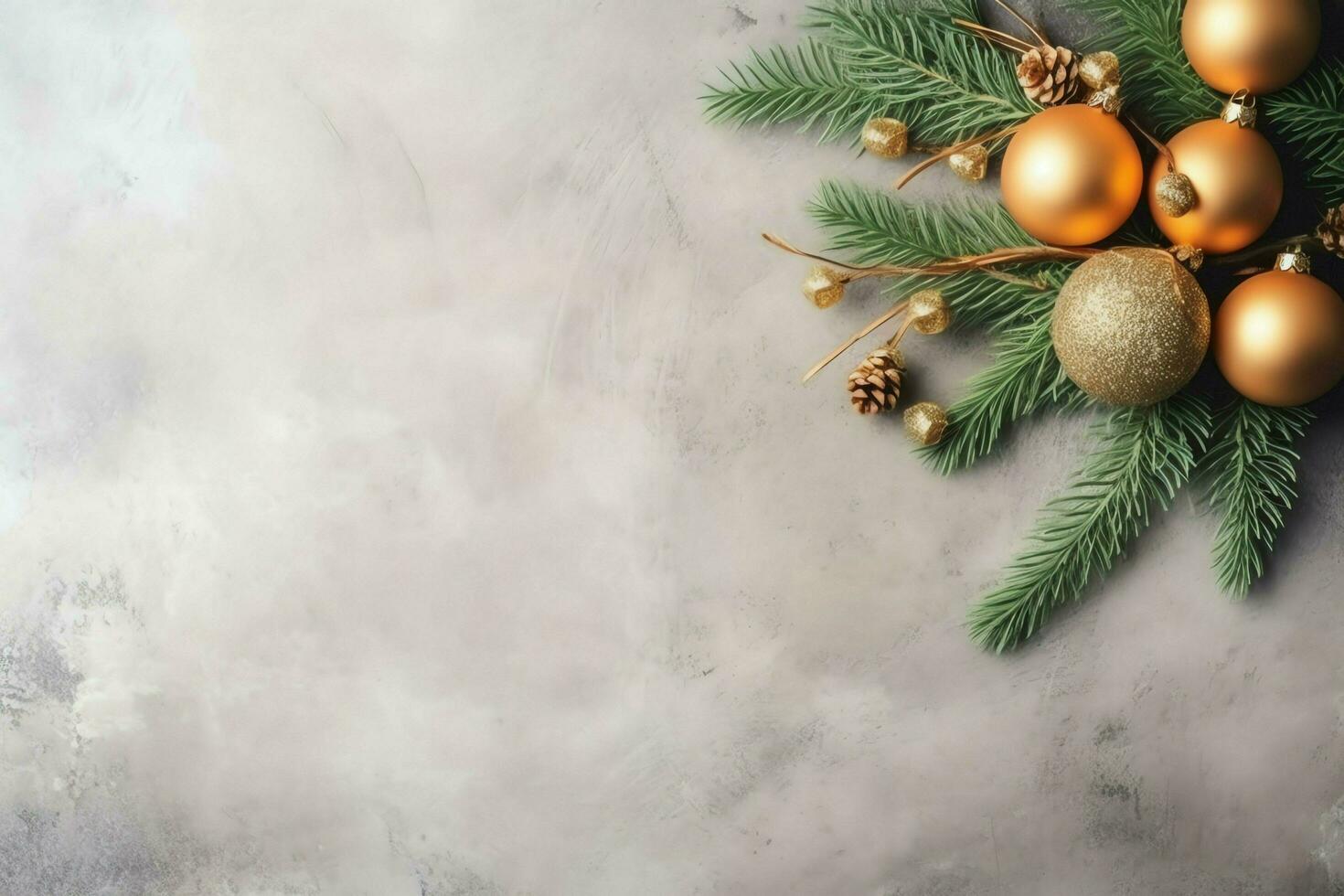 Christmas composition with gift boxes, card balls fir branches pine cones with copy space. Christmas by AI Generated photo