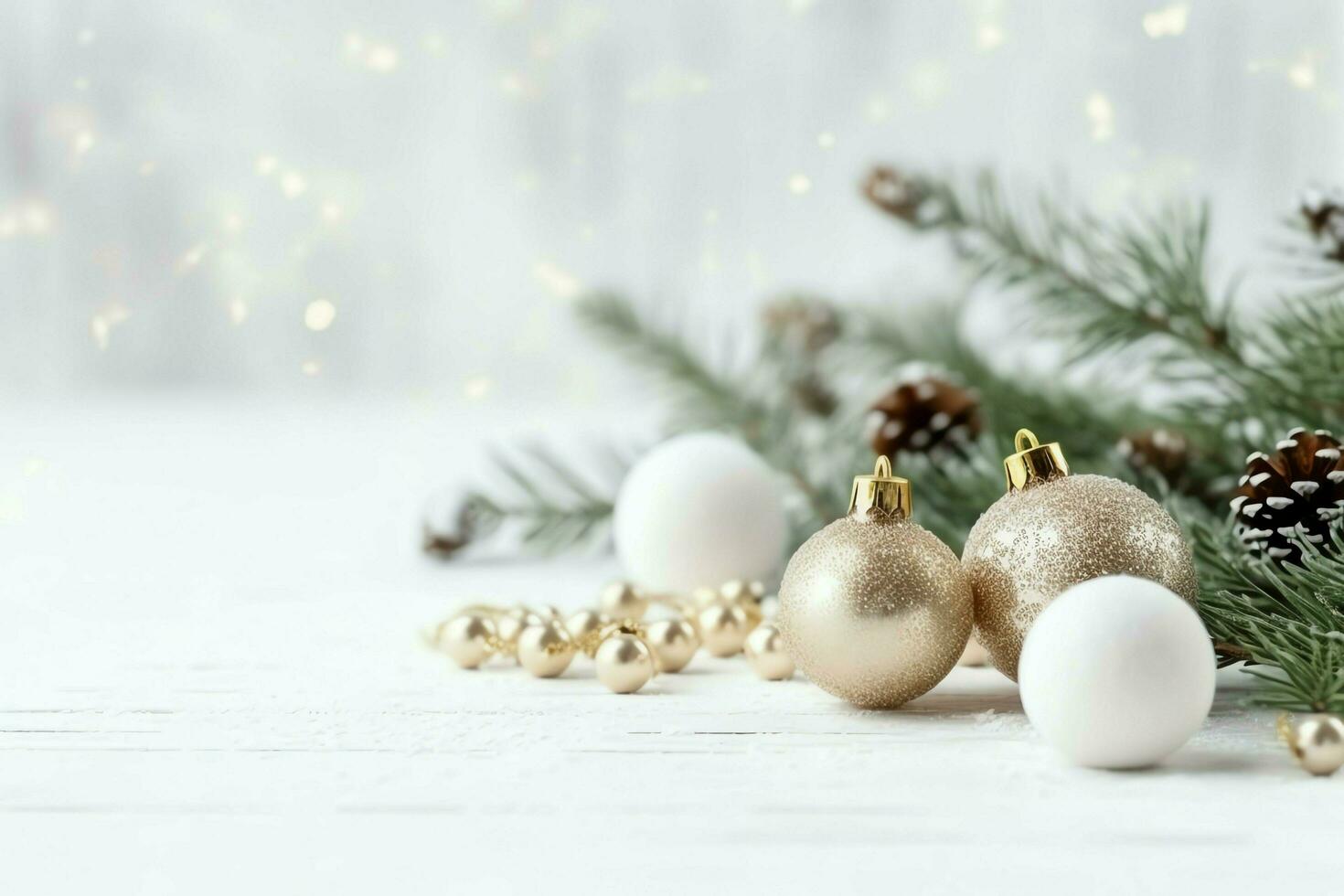 Christmas composition with gift boxes, card balls fir branches pine cones with copy space. Christmas by AI Generated photo