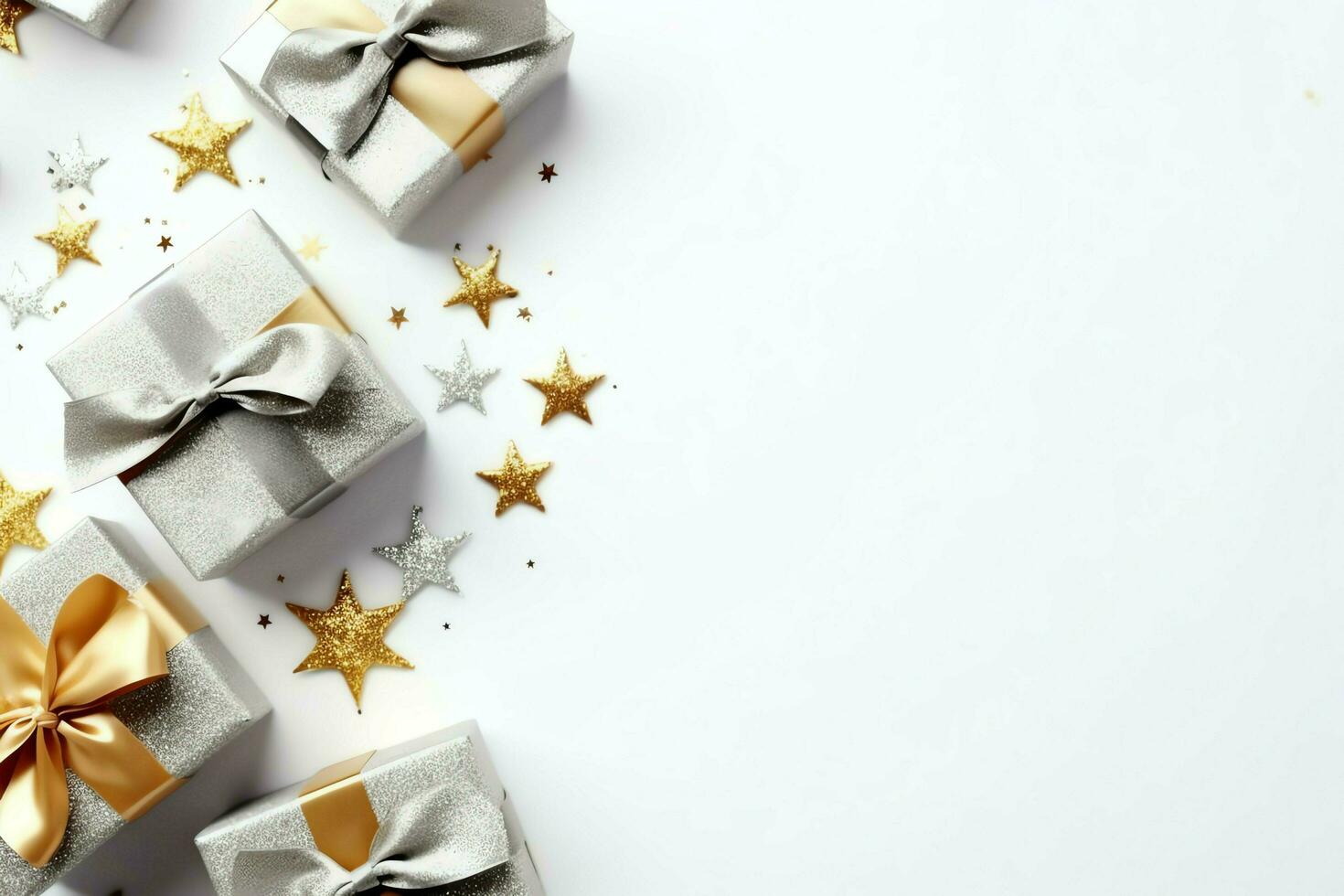 Christmas composition with gift boxes, card balls fir branches pine cones with copy space. Christmas by AI Generated photo