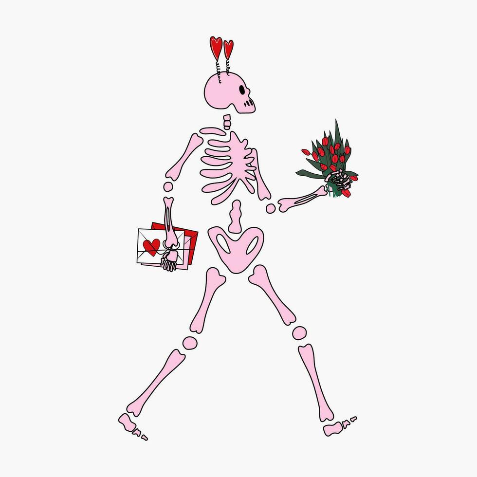 Funny Skeleton with decor for Valentine's day. Cute character Skeleton Bones vector