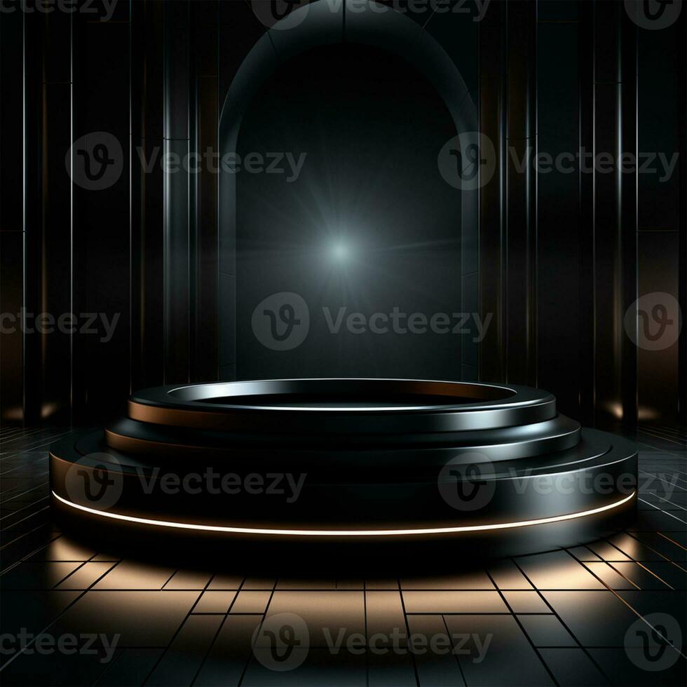 AI generated Empty podium pedestal, black background stand for product, goods. Shelf with product advertising - AI generated image photo
