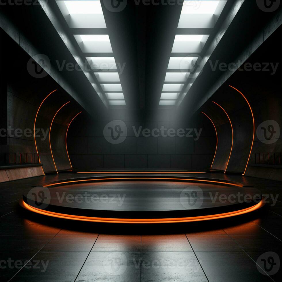 AI generated Empty podium pedestal, black background stand for product, goods. Shelf with product advertising - AI generated image photo