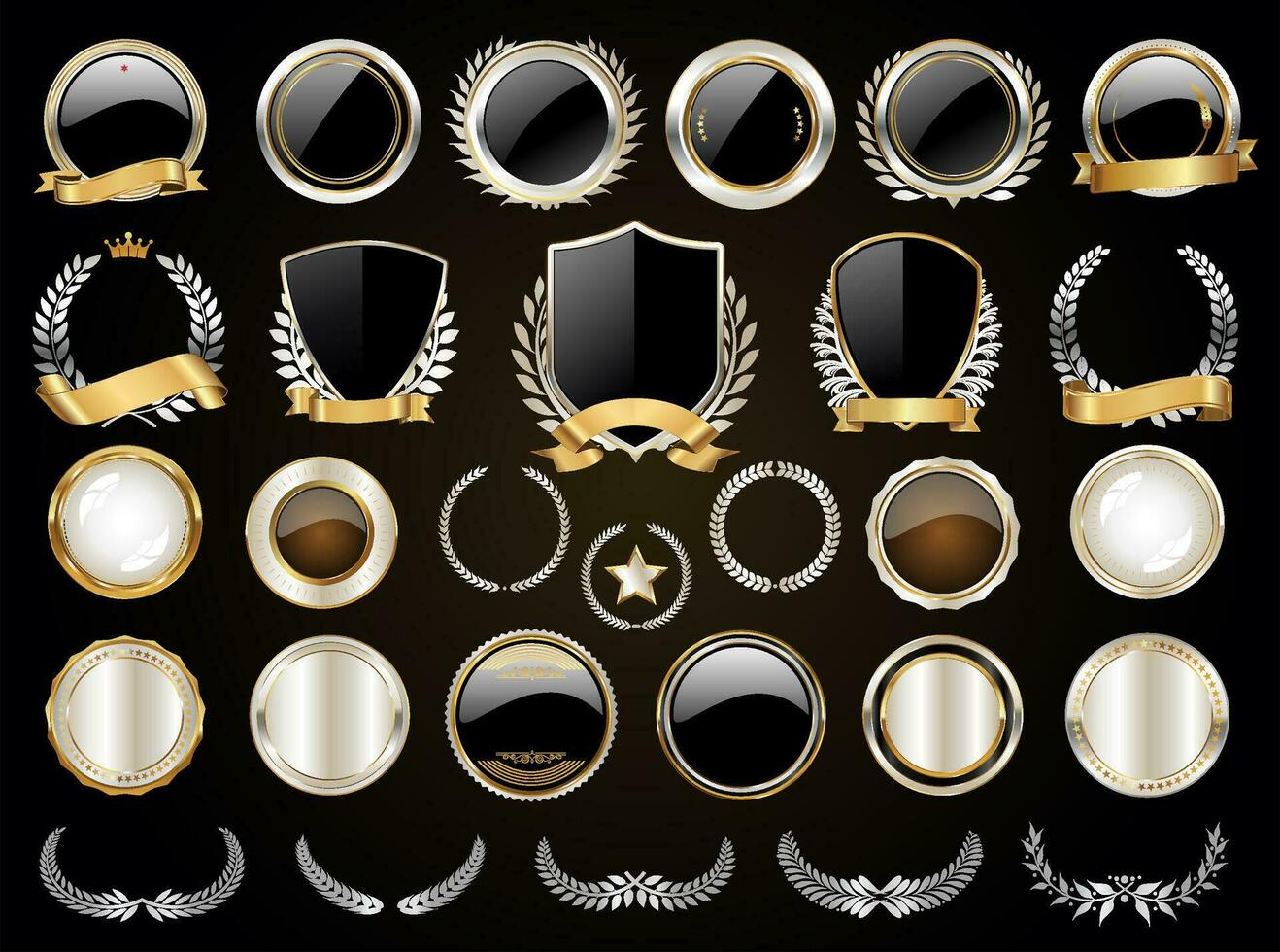 Gold and silver shields laurel wreaths and badges vector