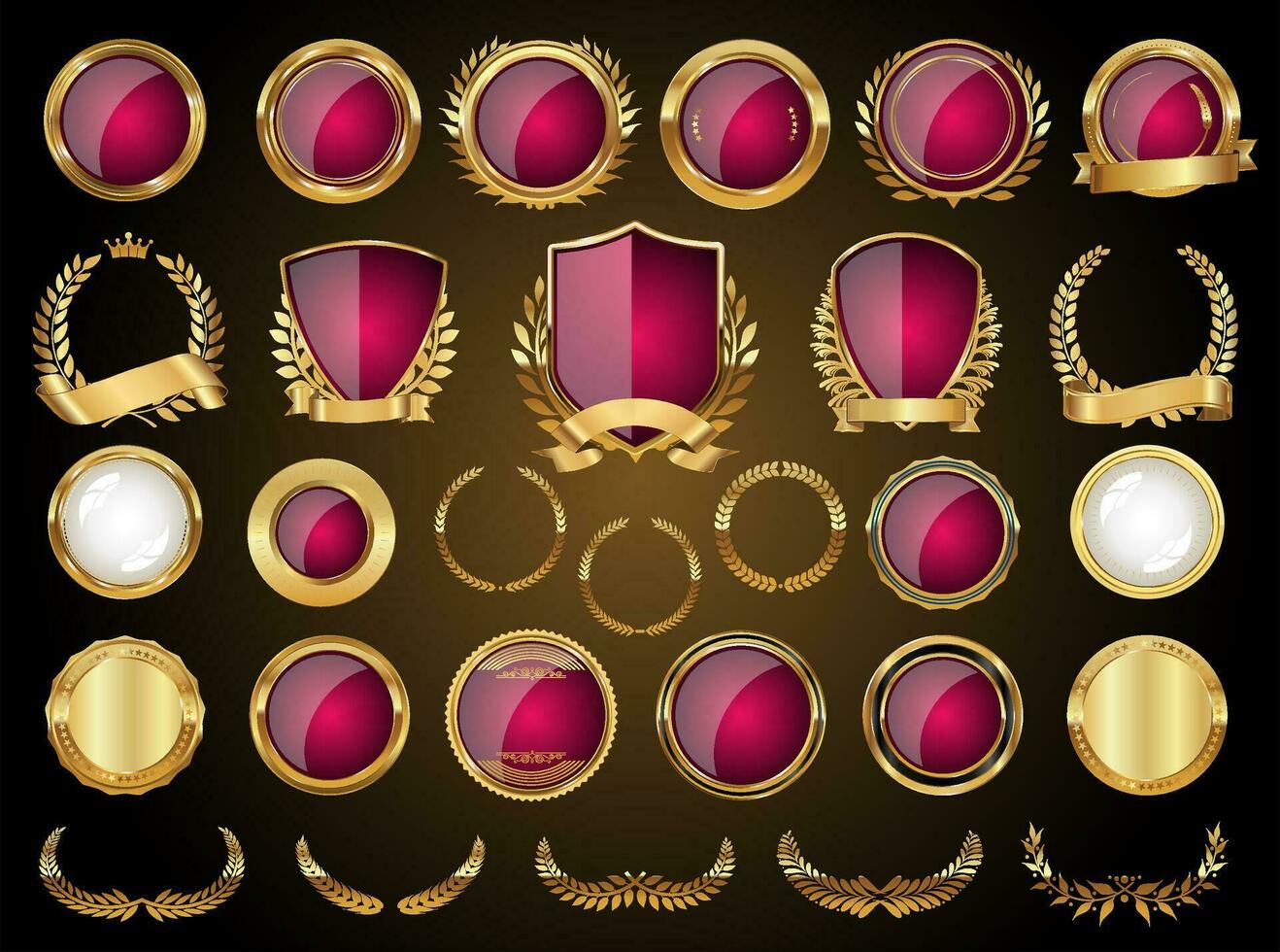 Golden shields laurel wreaths and badges vector collection