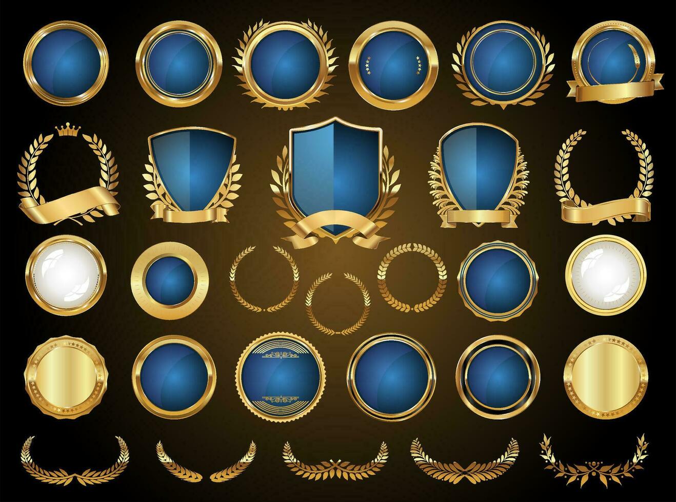 Golden shields laurel wreaths and badges vector collection