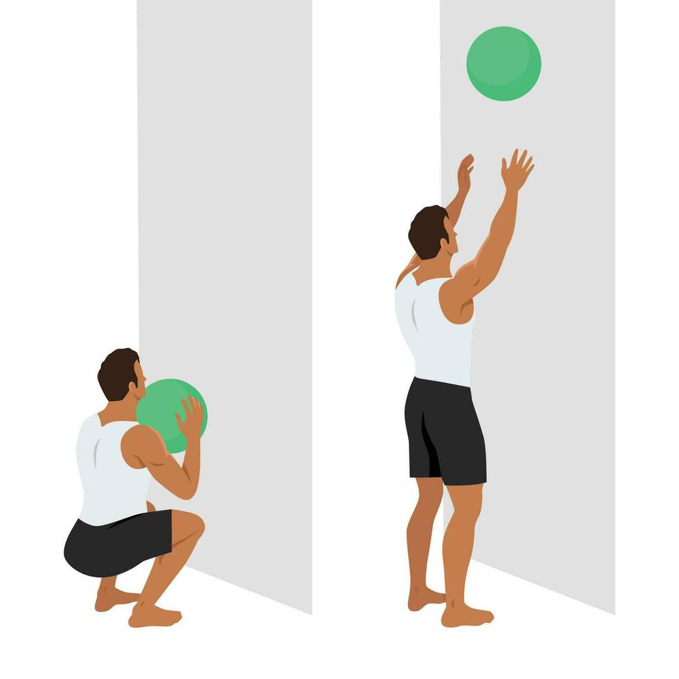 Man doing Medicine Ball Toss Up Exercise. Start with a squat pose and Toss the ball above the head catch the ball and rep. vector