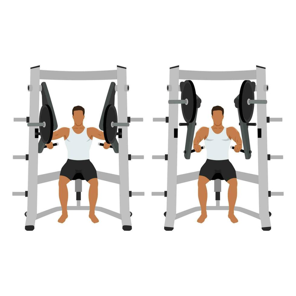 Man doing hammer strength chest bench press. Seated chest press exercise. vector