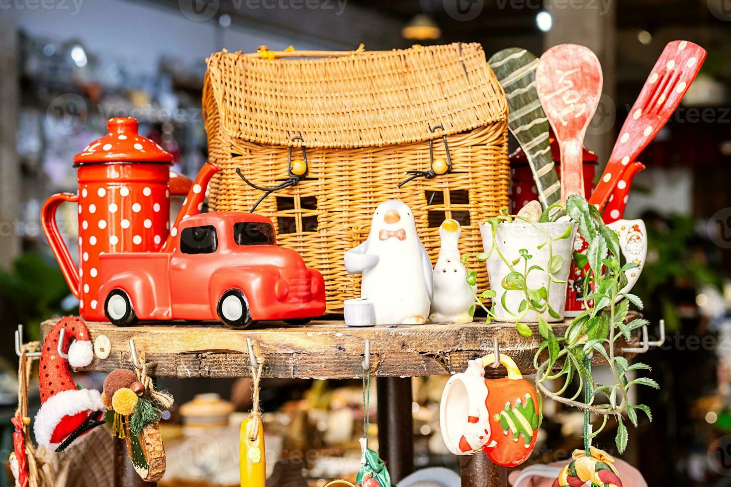 Christmas pottery ceramic on shelve in small craft store. photo