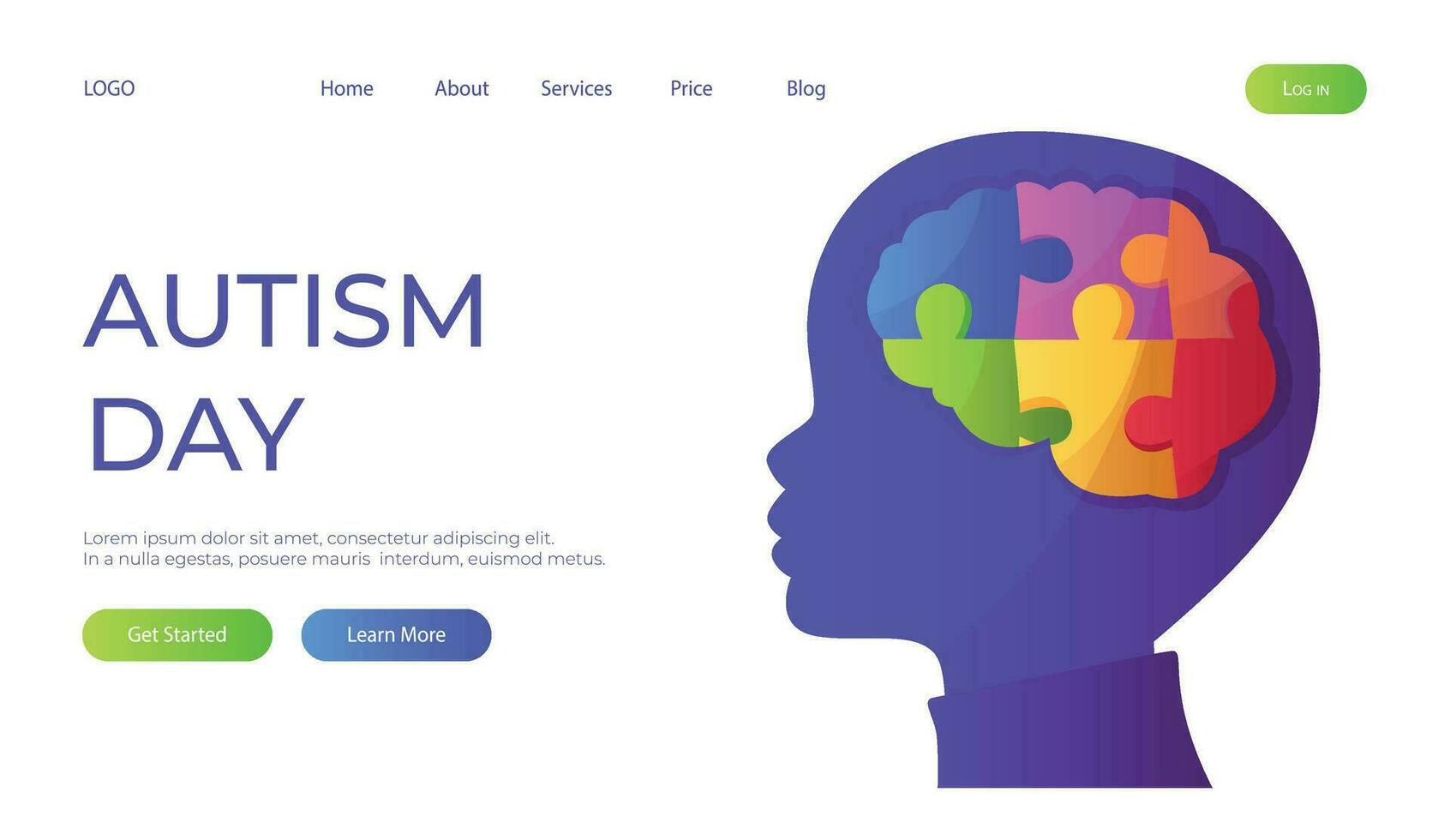 Landing page world autism awareness day with child head with puzzle pieces. International solidarity, aspergers day. Health care, mental illness. Social media post for poster, banner, cover, card vector