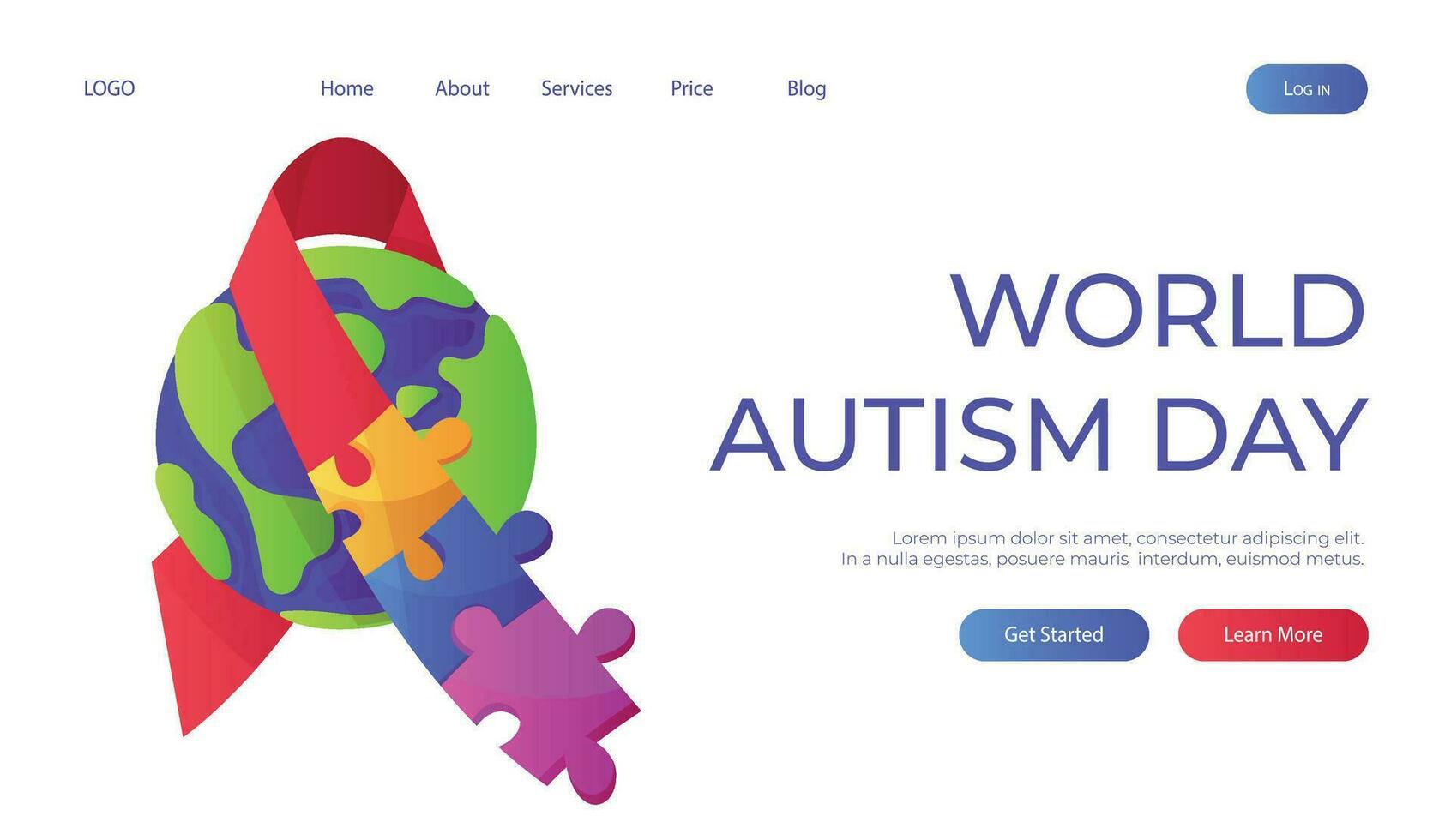 Landing page world autism awareness day with planet ribbon puzzle pieces. International solidarity, aspergers day. Health care, mental illness. Social media post for poster, banner, cover, card vector