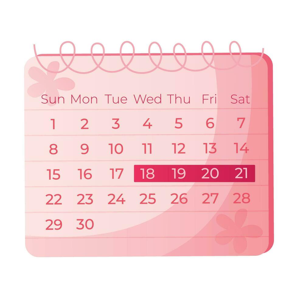Menstruation calendar for menstruation control, pregnancy planning, schedule marked days. Menstrual period products, female nature. Feminine hygiene during the menstrual cycle. Women health, PMS vector