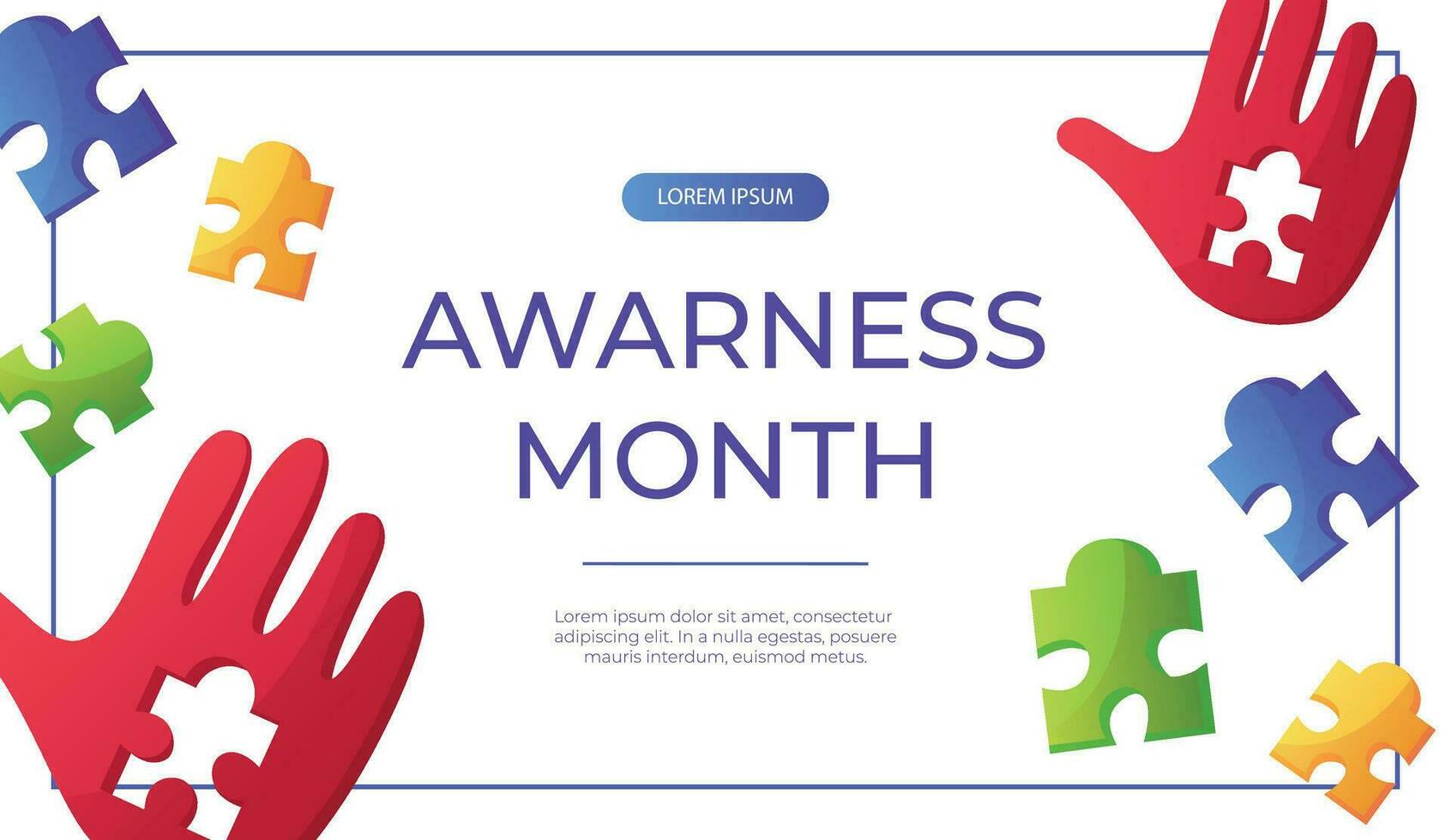 Promo banner world autism awareness day with hand colorful puzzle pieces. International solidarity, aspergers day. Health care, mental illness. Social media post for poster, advertising, cover vector