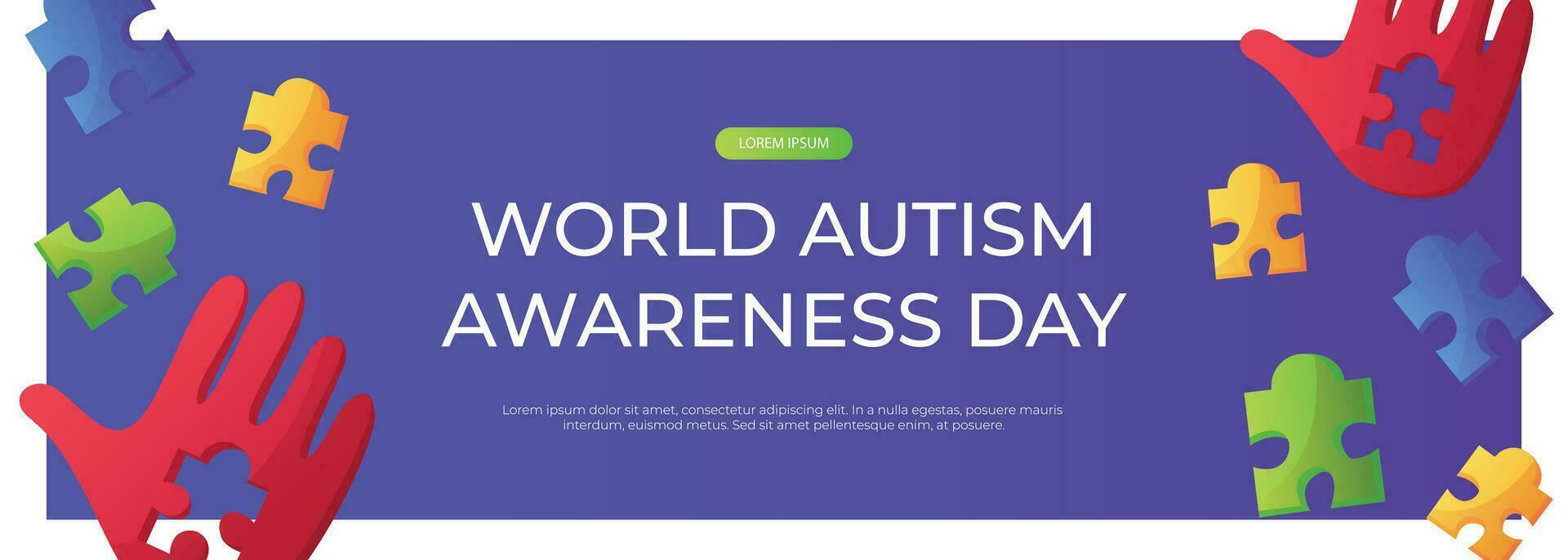 promoción bandera mundo autismo conciencia día con mano vistoso rompecabezas piezas. internacional solidaridad, asperger día. salud cuidado, mental enfermedad. social medios de comunicación enviar para póster, publicidad, cubrir vector