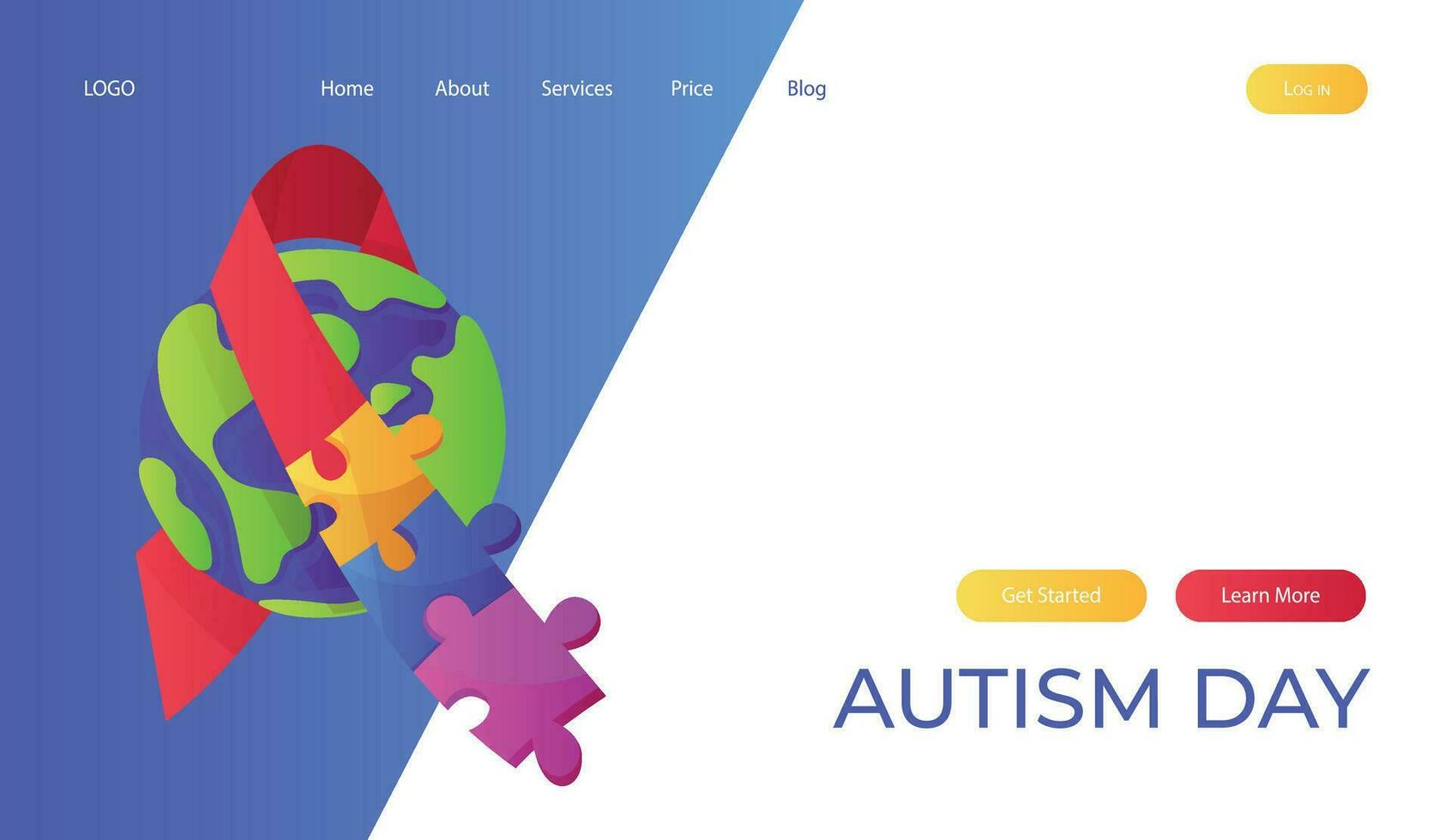 Landing page world autism awareness day with planet ribbon puzzle pieces. International solidarity, aspergers day. Health care, mental illness. Social media post for poster, banner, cover, card vector